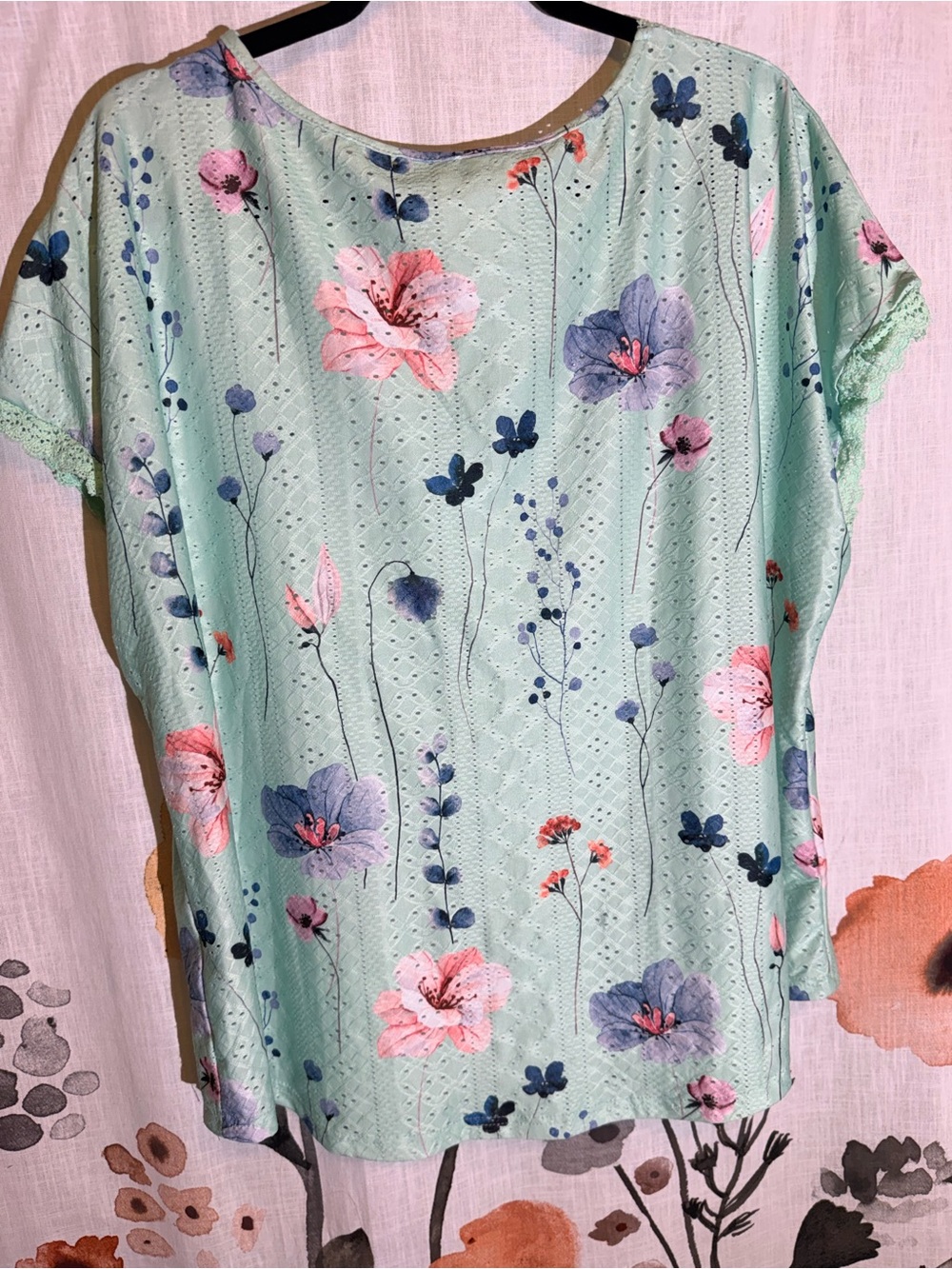 SHEIN Mint Floral V-Neck Crochet-Trim Top - Picture 11 of 14